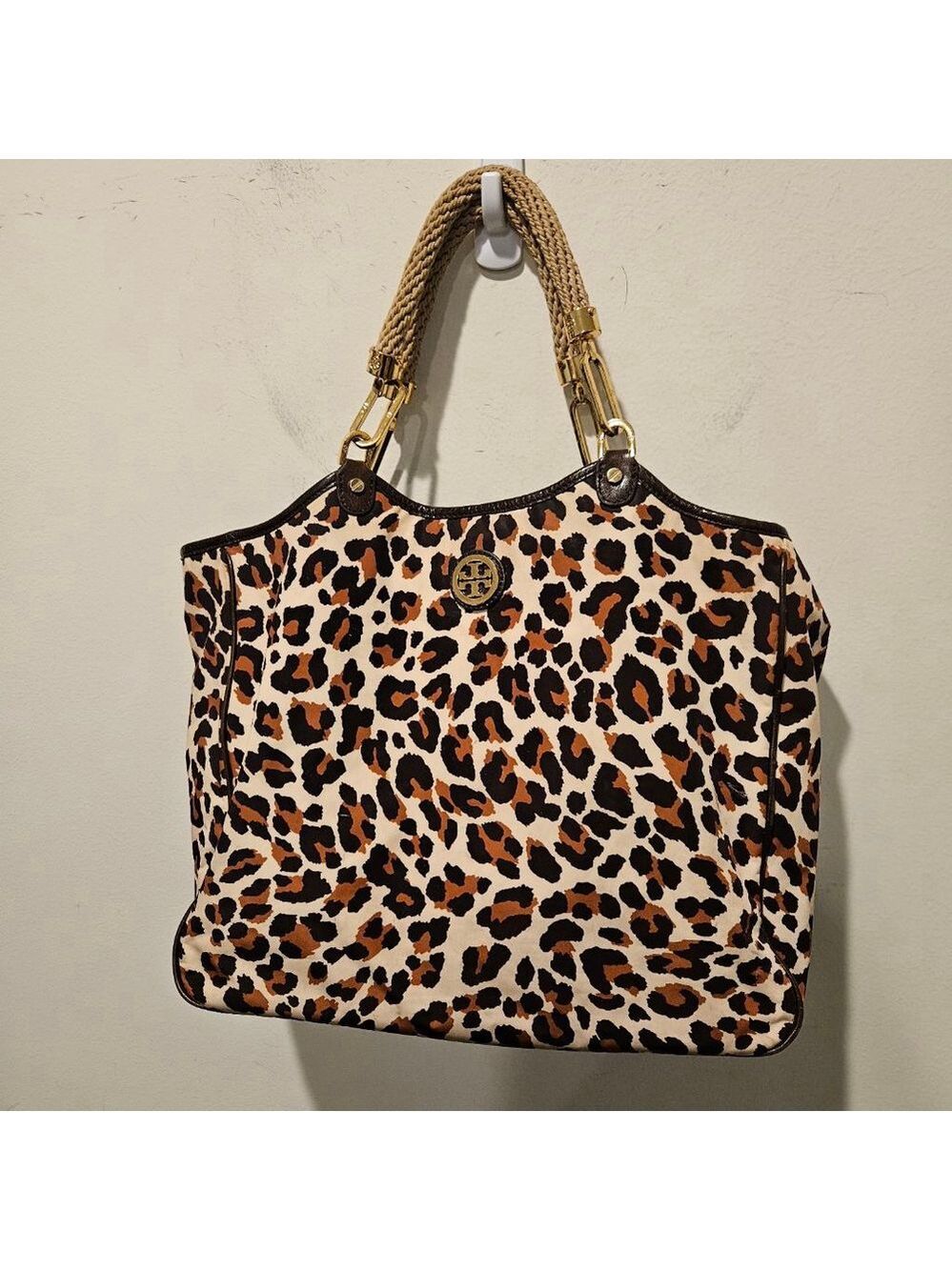 Women's Tory Burch Leopard Print Large Tote Bag Rope Handles Brown Beige - Picture 5 of 12